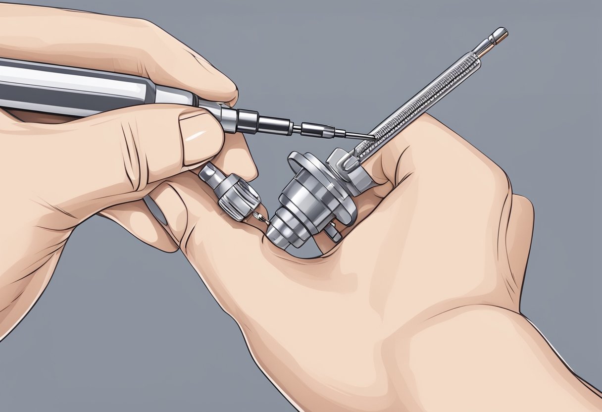 Um close de uma orelha sendo furada com uma agulha, com uma pistola de piercing e equipamentos esterilizados em uma superfície limpa
