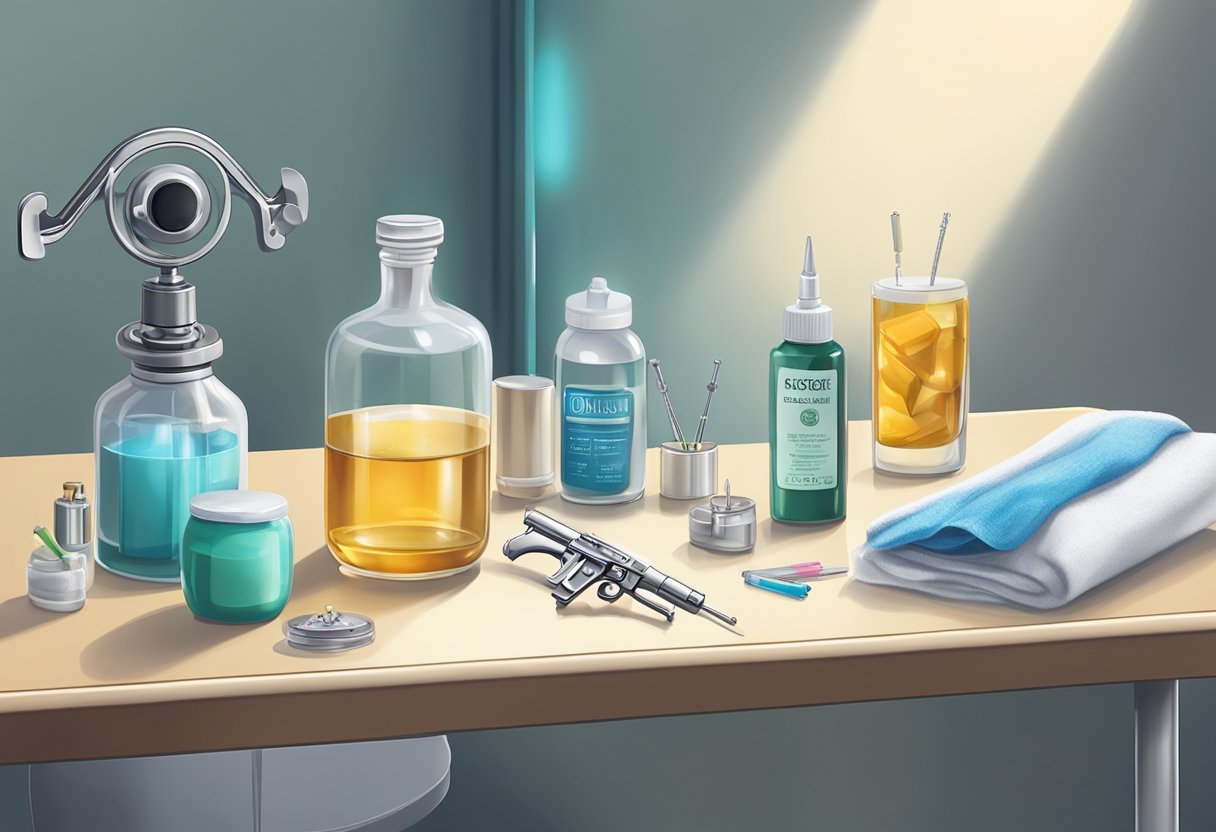 Uma sala limpa e bem iluminada com uma mesa contendo uma pistola de perfuração esterilizada, lenços umedecidos com álcool e uma seleção de brincos.