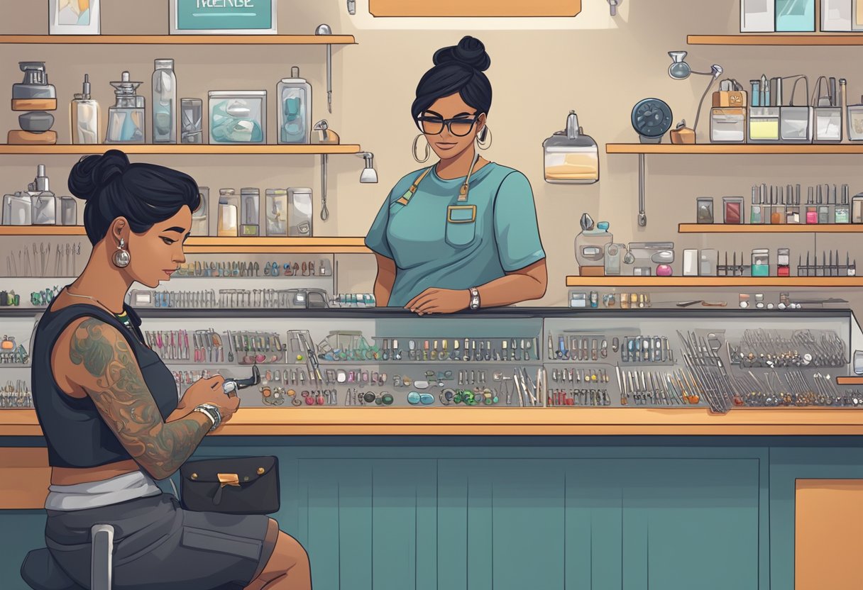 Vários tipos de piercings exibidos em um balcão limpo e organizado. Um piercer profissional está próximo, oferecendo conselhos e recomendações a um cliente.