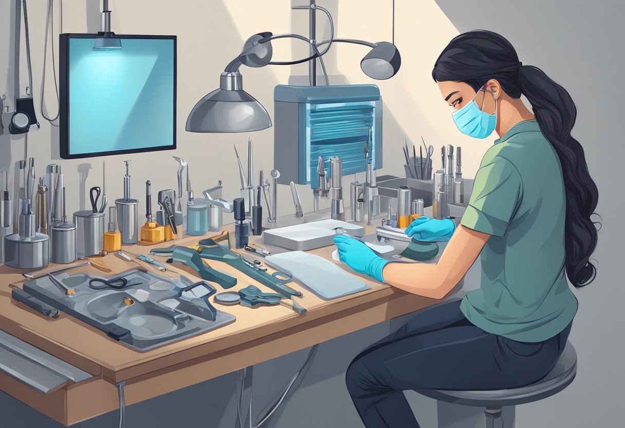 Um piercer profissional prepara ferramentas e equipamentos esterilizados para um procedimento de piercing em um estúdio limpo e bem iluminado.