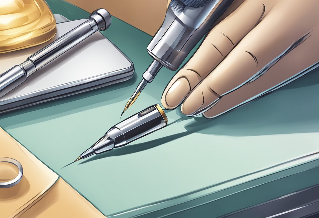 Um close de uma agulha de perfuração perto de uma mesa de retoque final