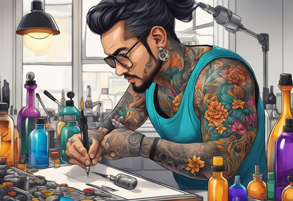 Preço Tatuagem: Fatores Que Influenciam o Valor Um tatuador cria cuidadosamente um design na pele de um cliente, cercado por frascos de tinta vibrantes e máquinas de tatuagem intrincadas.