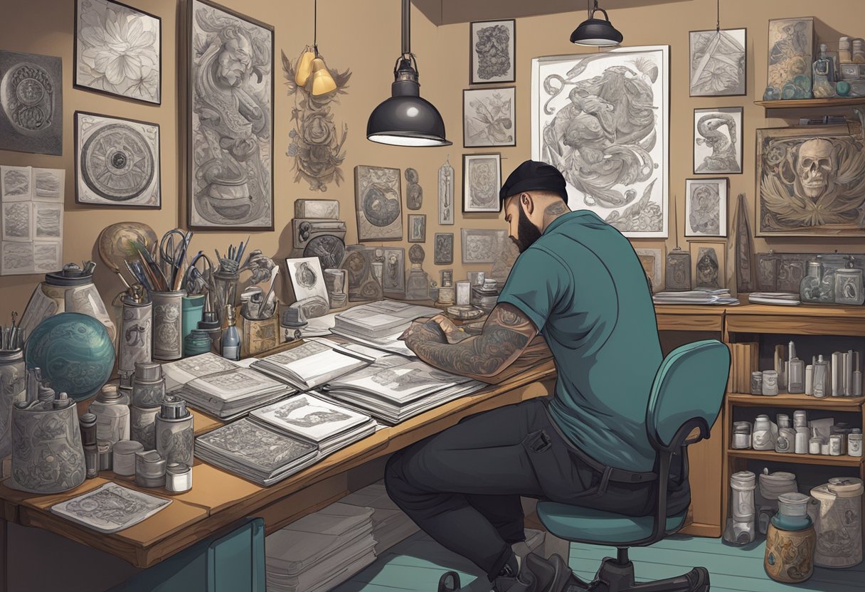 Preço Tatuagem: Fatores Que Influenciam o Valor Um tatuador trabalhando, cercado por vários designs de tatuagens, equipamentos e livros de referência, com uma lista de preços exibida na parede.