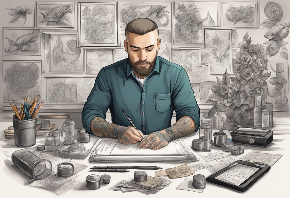 Preço Tatuagem: Fatores Que Influenciam o Valor Um tatuador calcula cuidadosamente e escreve uma estimativa de preço para um cliente, cercado por vários designs de tatuagens e equipamentos.