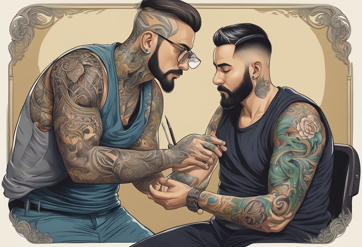 Preço Tatuagem: Fatores Que Influenciam o Valor Um tatuador aplica cuidadosamente pomada em um design recém-tatuado, enquanto um cliente observa, admirando os detalhes intrincados.