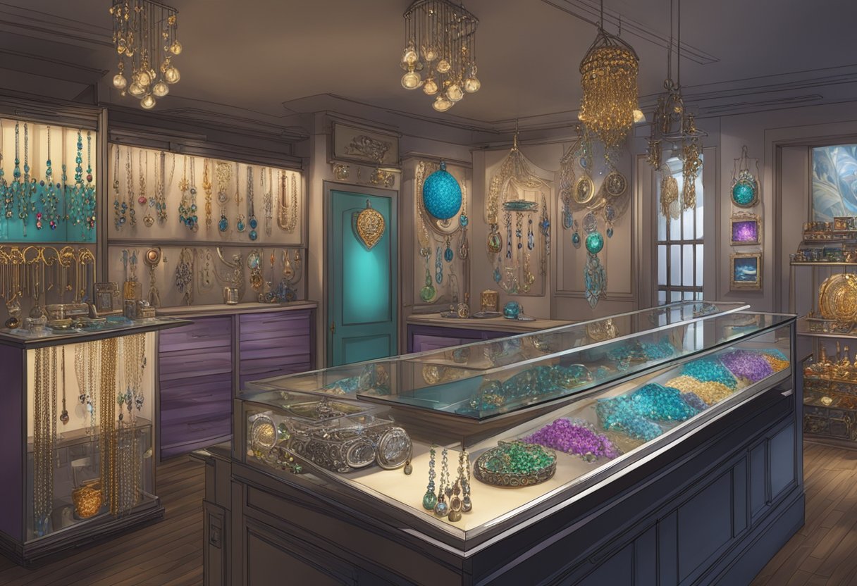Studio de Piercing Centro: Guia Completo de Procedimentos e Cuidados Um estúdio de body piercing vibrante e eclético, com uma variedade de joias únicas e culturalmente significativas em exibição.