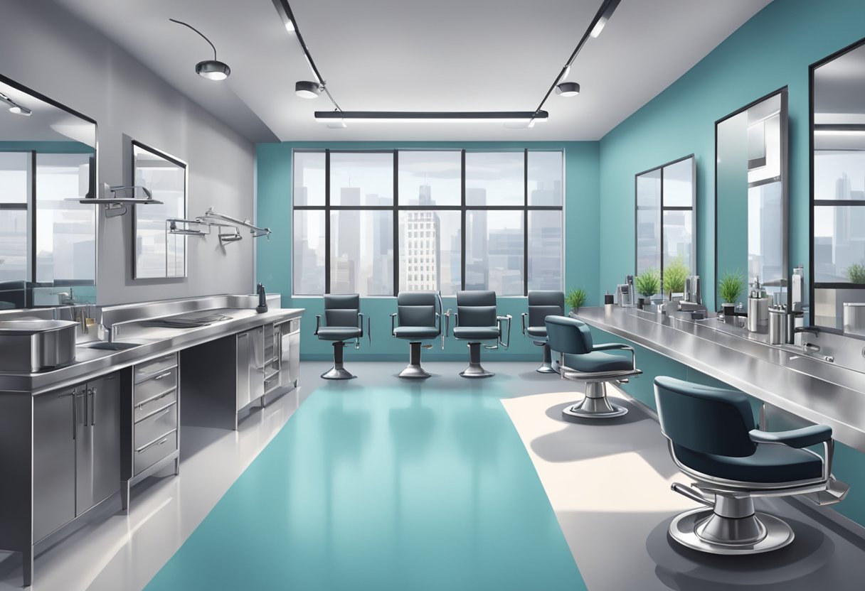 Studio de Piercing Centro: Guia Completo de Procedimentos e Cuidados Um estúdio de piercing limpo e moderno no coração da cidade, com cadeiras de metal elegantes e equipamentos estéreis organizados de forma ordenada em bancadas de aço inoxidável.
