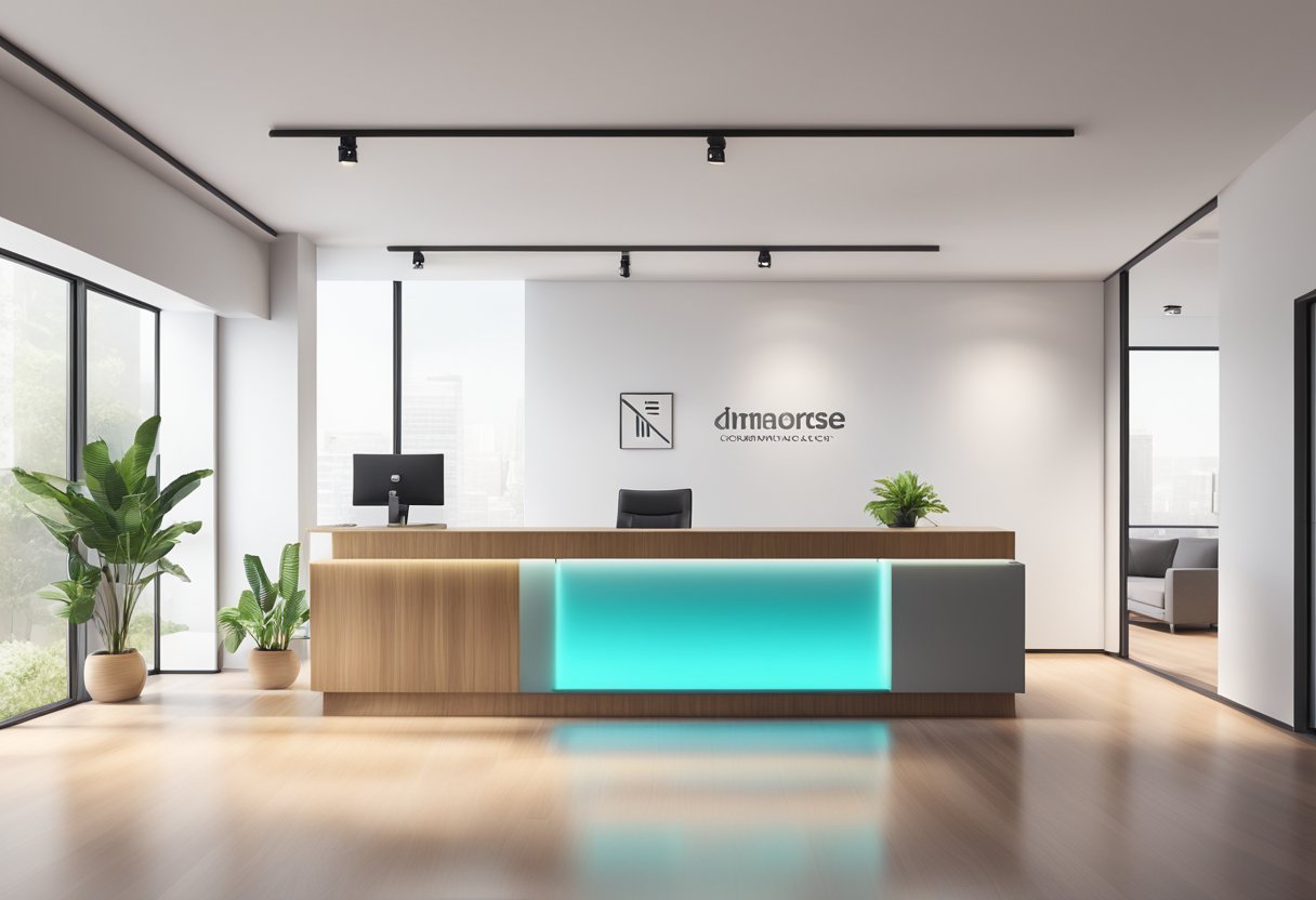 Studio de Piercing Centro: Guia Completo de Procedimentos e Cuidados Um espaço de estúdio moderno e minimalista com linhas limpas e decoração contemporânea. Uma recepção com um balcão exibindo um logotipo e informações de contato de forma proeminente.