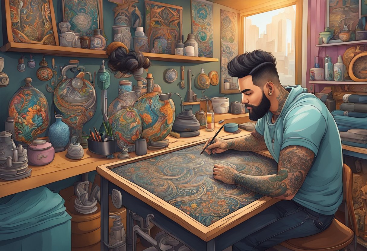 Um tatuador em Curitiba, Brasil, cria cuidadosamente desenhos intrincados na pele de um cliente, cercado por uma decoração colorida e artística em seu estúdio.