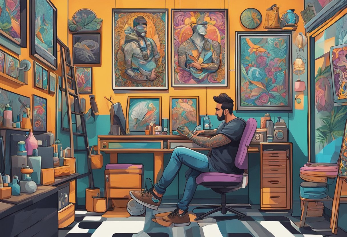 Um tatuador trabalhando em um estúdio de tatuagem moderno e estiloso em Curitiba, Brasil. Iluminação brilhante e obras de arte coloridas decoram as paredes, criando uma atmosfera vibrante e criativa.