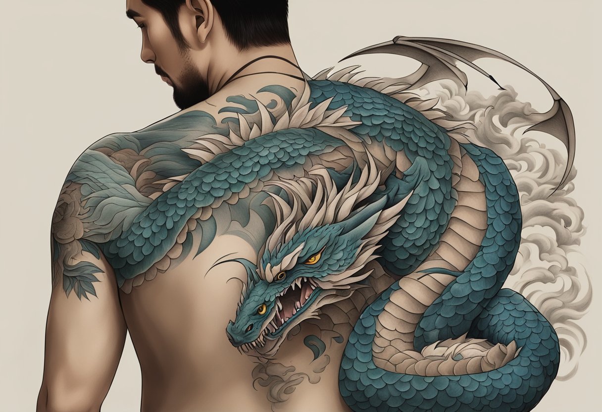 Um tatuador em Curitiba, Brasil, utilizando a técnica tradicional japonesa tebori para criar um grande design de dragão nas costas de um cliente.