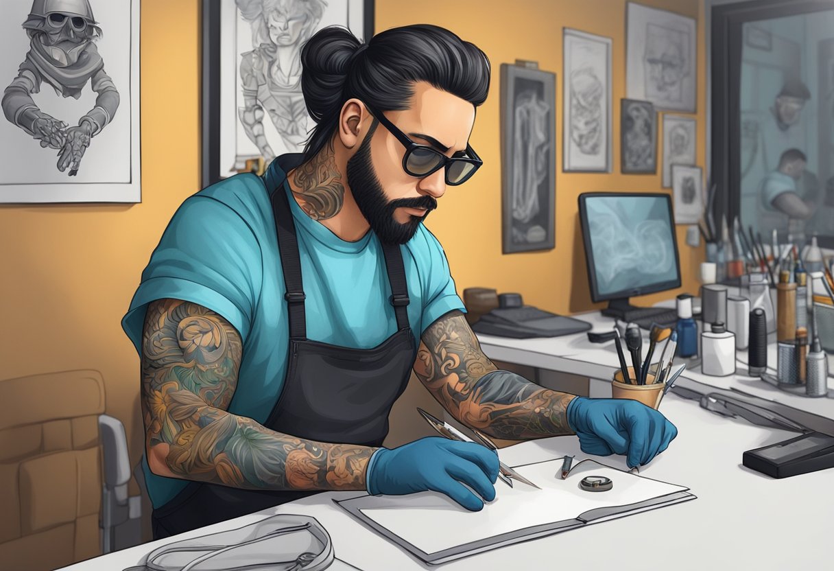 Um tatuador em Curitiba segue protocolos de segurança enquanto trabalha em um estúdio limpo e organizado.