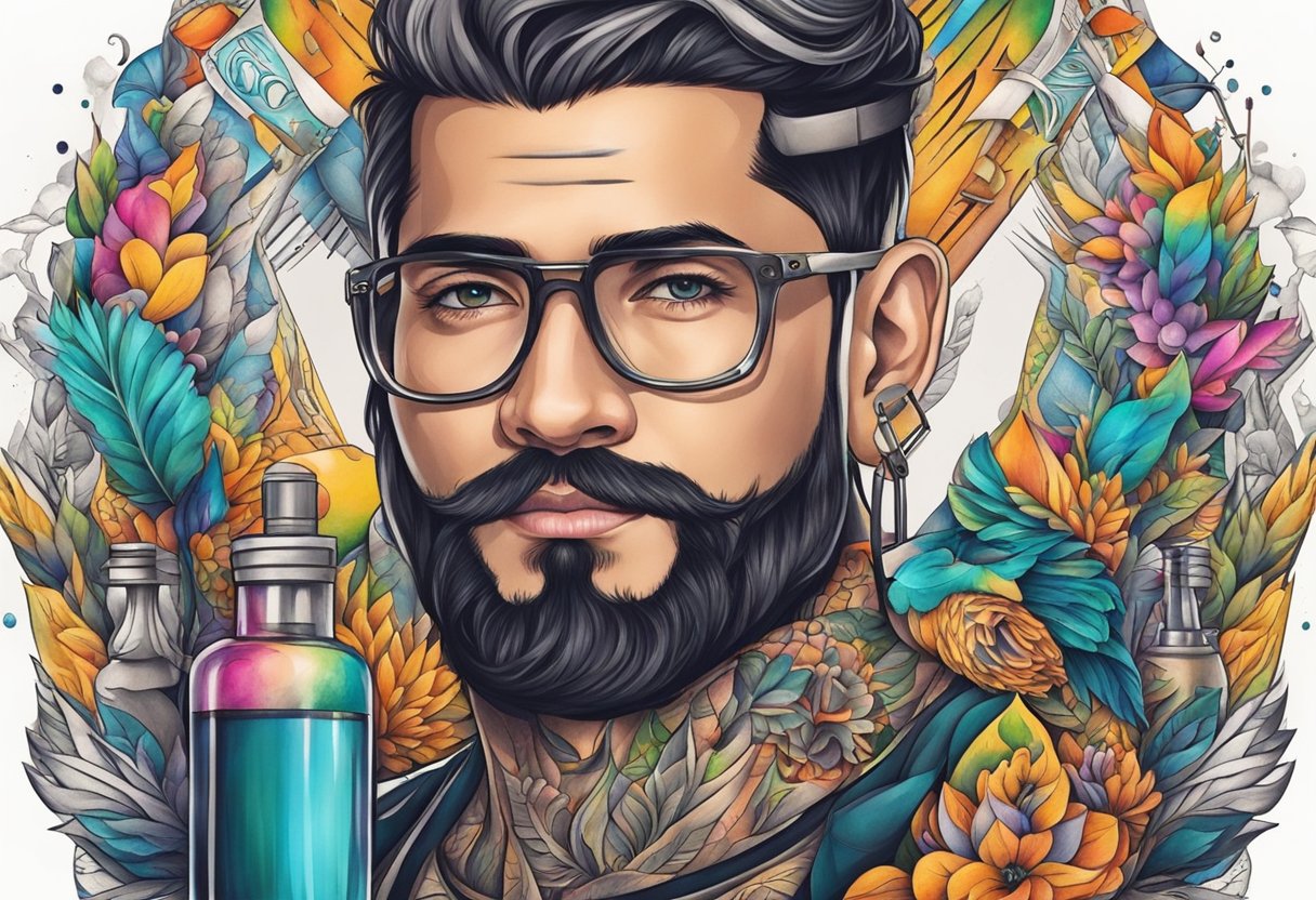 Um tatuador em Curitiba cria cuidadosamente um design vibrante na pele de um cliente, cercado por frascos de tinta colorida e esboços artísticos.