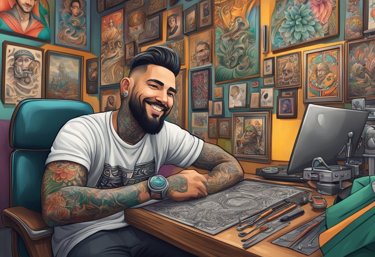 Um tatuador em Curitiba respondendo a perguntas com um sorriso amigável, cercado por equipamentos de tatuagem e obras de arte coloridas nas paredes.