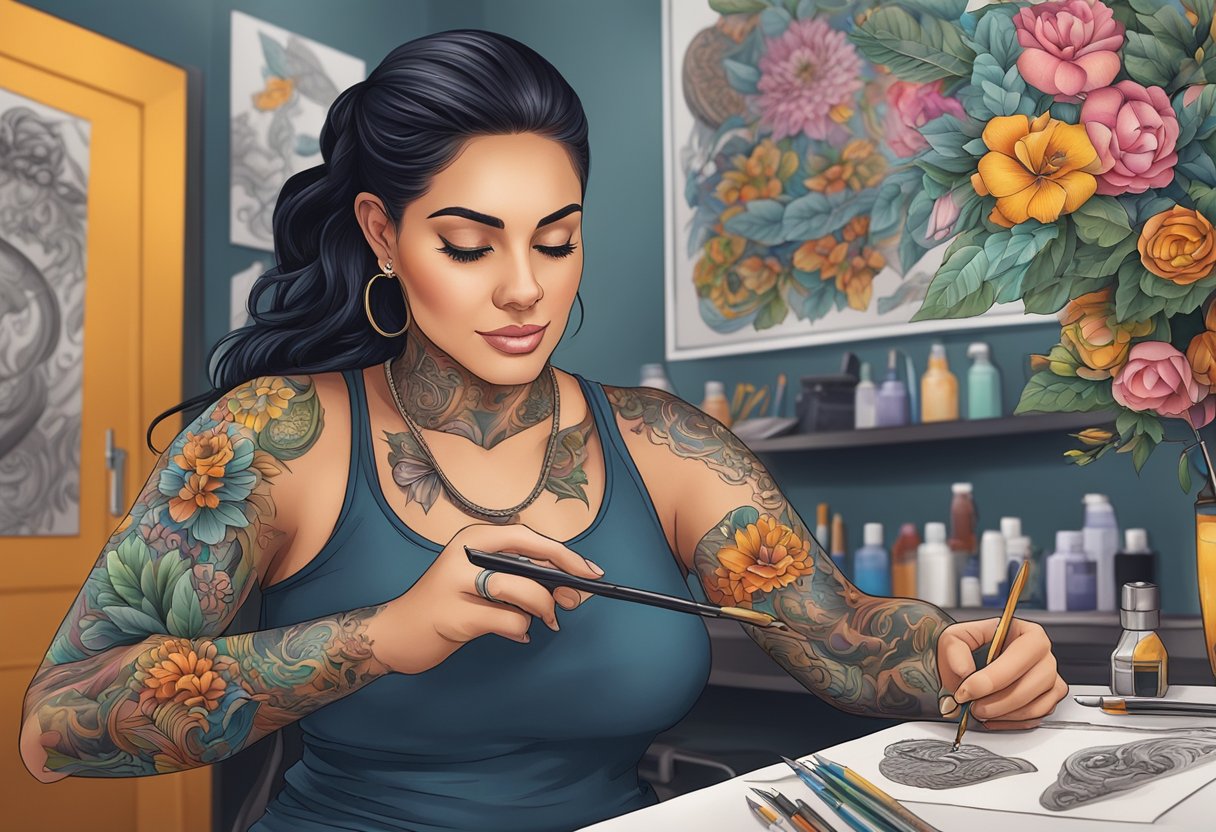 Tatuadora Feminina em Curitiba: Destaques e Tendências Atualizadas Uma tatuadora em Curitiba, Brasil, criando cuidadosamente um design bonito e intricado na pele de um cliente, cercada por obras de arte coloridas e equipamentos de tatuagem.