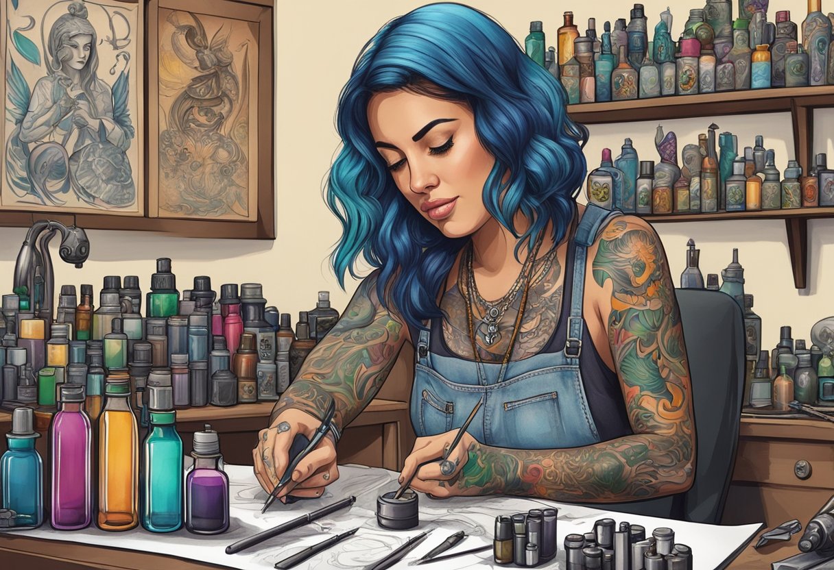 Tatuadora Feminina em Curitiba: Destaques e Tendências Atualizadas Uma tatuadora em Curitiba exibindo técnicas e estilos populares em seu estúdio, cercada por frascos de tinta vibrantes e equipamentos de tatuagem.