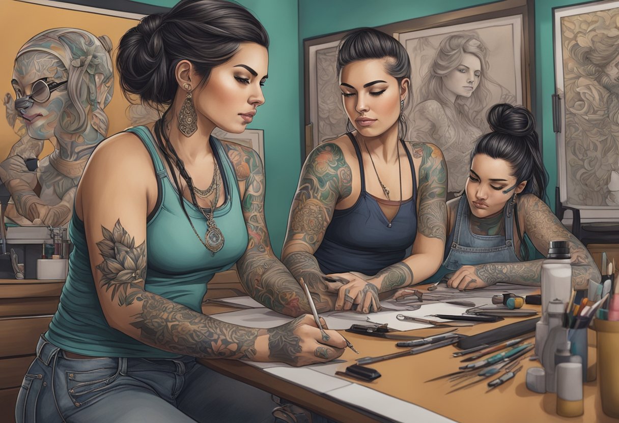 Tatuadora Feminina em Curitiba: Destaques e Tendências Atualizadas Um grupo de tatuadoras trabalhando em seus estúdios em Curitiba, cada uma criando designs únicos e intrincados em seus clientes.