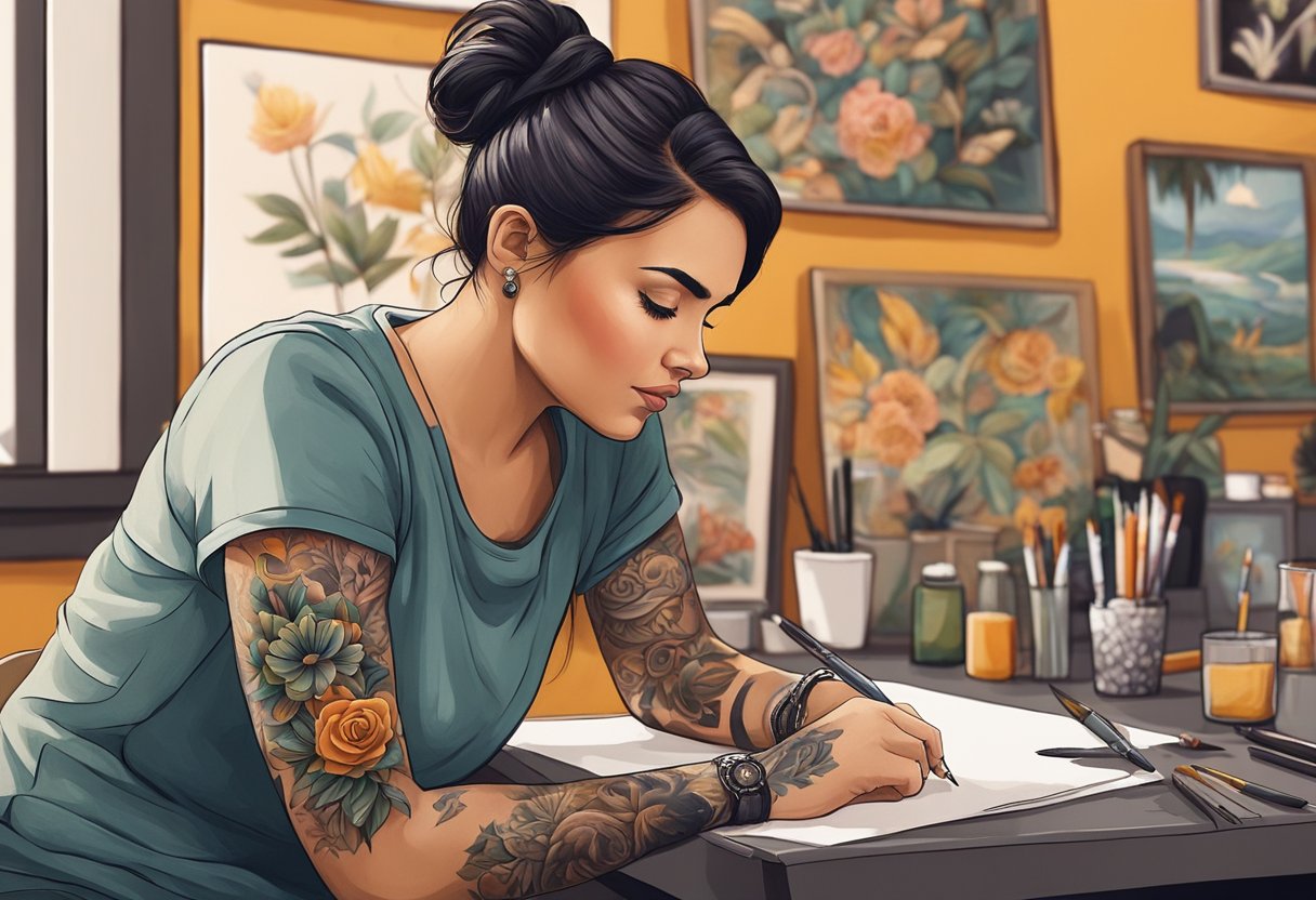 Tatuadora Feminina em Curitiba: Destaques e Tendências Atualizadas Uma tatuadora está decorando cuidadosamente o braço de uma cliente em um estúdio aconchegante e bem iluminado em Curitiba. Pinturas e esboços adornam as paredes, criando uma atmosfera convidativa e criativa.