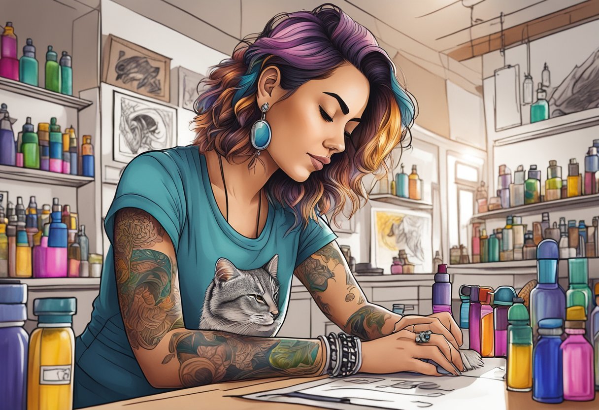 Tatuadora Feminina em Curitiba: Destaques e Tendências Atualizadas Uma tatuadora em Curitiba, Brasil, cuidadosamente desenha e tatua uma tatuagem significativa na pele de um cliente, cercada por frascos de tinta colorida e esboços artísticos.
