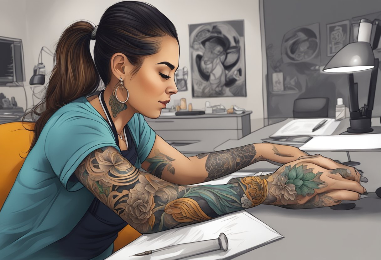 Tatuadora Feminina em Curitiba: Destaques e Tendências Atualizadas Uma tatuadora em Curitiba, focada em criar um design detalhado no braço de um cliente