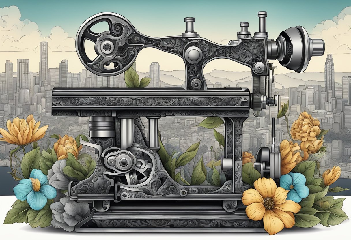 Tatuagem Realismo Curitiba: Mestres da Arte Realista na Capital Paranaense Uma máquina de tatuagem detalhada em preto e cinza, cercada por designs florais e animais vibrantes e realistas, com o pano de fundo da cidade de Curitiba.
