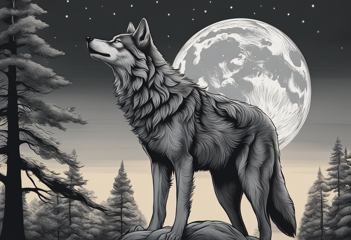 Tatuagem Realismo Curitiba: Mestres da Arte Realista na Capital Paranaense Uma tatuagem realista em preto e cinza de um lobo uivando para a lua, com pelagem intrincada e sombras detalhadas, em um fundo de floresta.