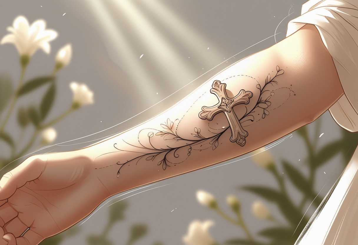 Blessed Tatuagem: Significados, Ideias e Inspirações para Sua Próxima Arte Braço com uma tatuagem detalhada que inclui uma cruz, raios de luz e flores delicadas, transmitindo uma sensação de espiritualidade e bênção.