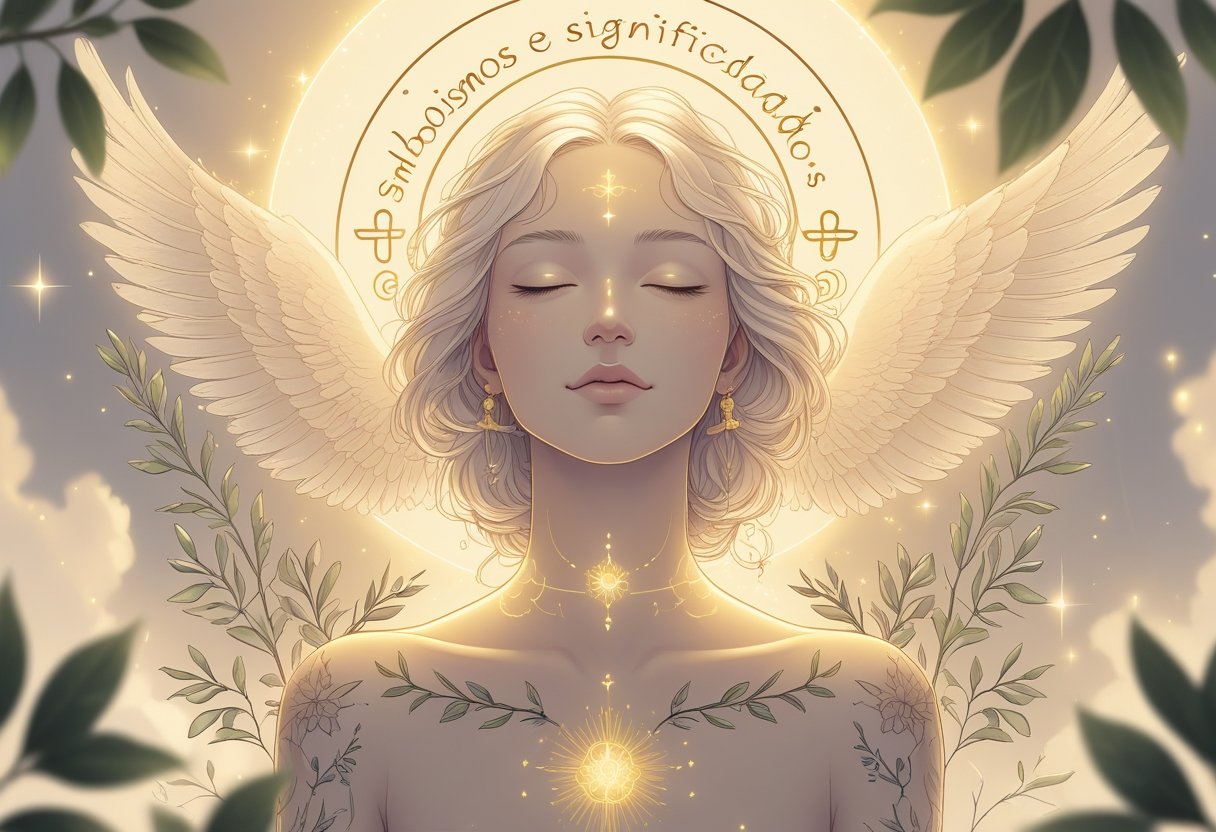 Blessed Tatuagem: Significados, Ideias e Inspirações para Sua Próxima Arte Figura serena rodeada por tatuagens simbólicas que representam bênçãos e significados espirituais, com elementos como flores, geometria sagrada, pombas e ramos de oliveira.