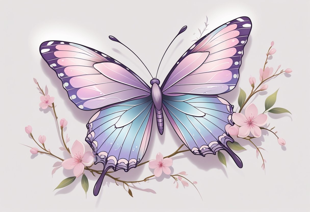 Borboleta tatuagem feminina: inspirações e significados para mulheres Ilustração de uma tatuagem feminina de borboleta delicada com detalhes florais ao redor, posicionada no ombro ou pulso de uma mulher.