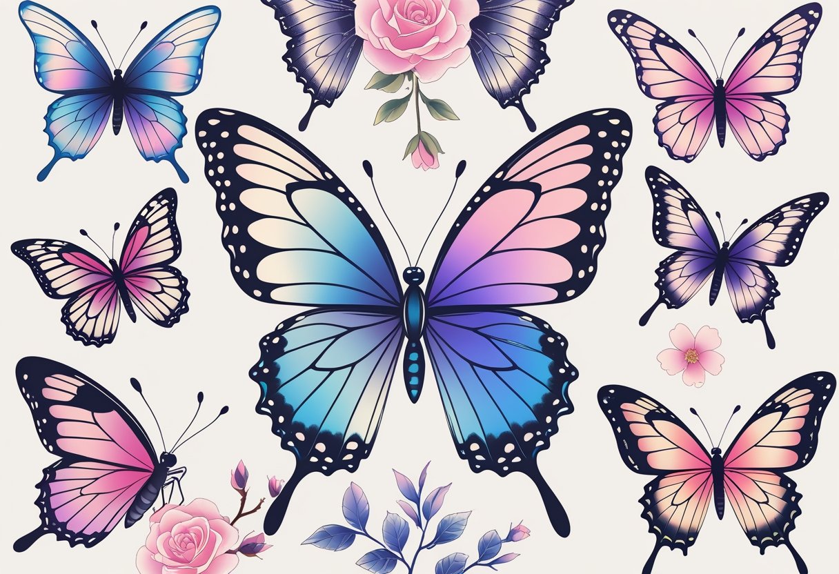 Borboleta tatuagem feminina: inspirações e significados para mulheres Ilustração mostrando várias tatuagens de borboletas femininas com diferentes desenhos detalhados e delicados.