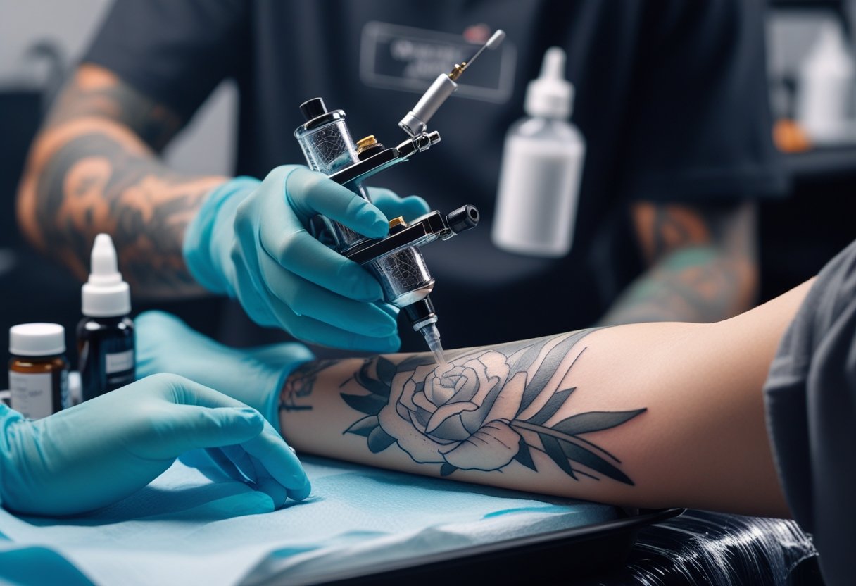 Mão de tatuador tatuando o antebraço de um cliente em um estúdio de tatuagem com equipamentos ao fundo.