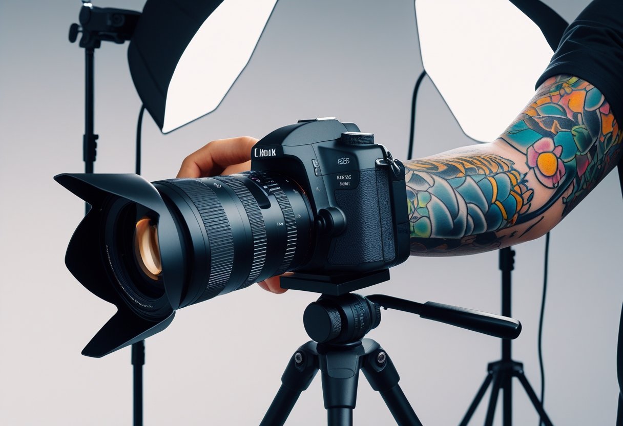 Pessoa com tatuagem colorida no braço sendo fotografada por uma câmera profissional em estúdio com iluminação adequada.