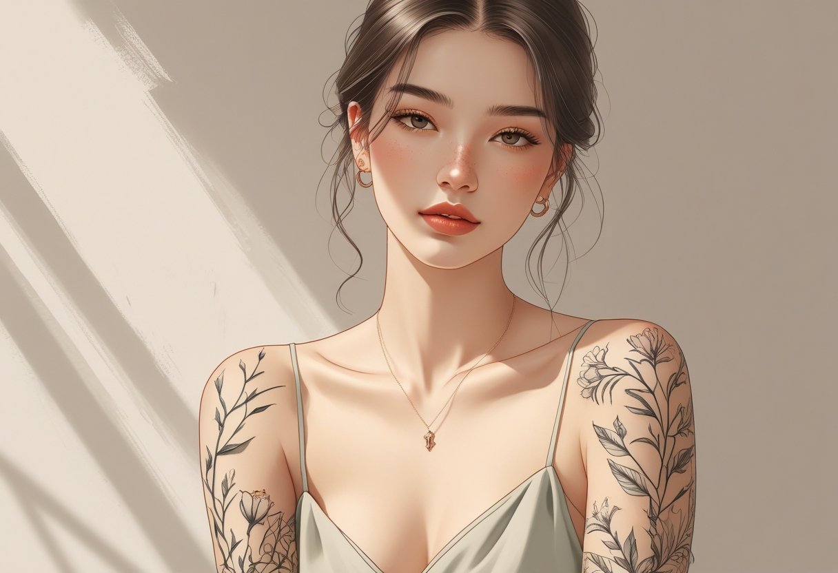 Frases para tatuagem feminina inspirações e ideias marcantes para mulheres Mulher jovem com tatuagens delicadas no braço e ombro, em uma pose serena e confiante, com fundo neutro.