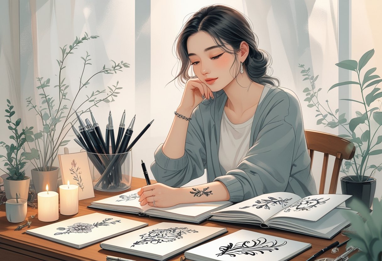 Frases para tatuagem feminina inspirações e ideias marcantes para mulheres Mulher jovem sentada em uma mesa, escolhendo desenhos delicados para tatuagem feminina, cercada por materiais de arte e plantas.