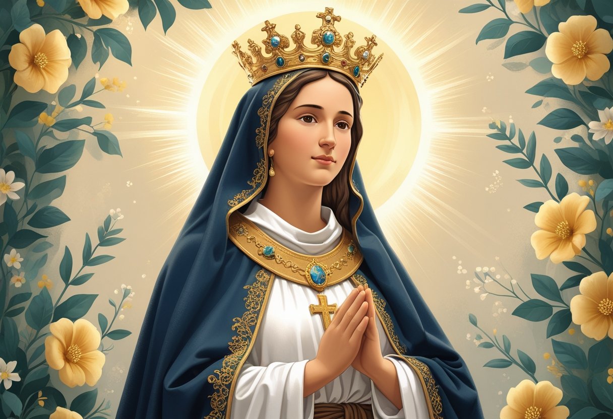 Nossa Senhora Aparecida Tatuagem: Inspirações e Significados Religiosos Imagem de Nossa Senhora Aparecida com manto azul e coroa dourada, rodeada por luz suave e elementos florais.
