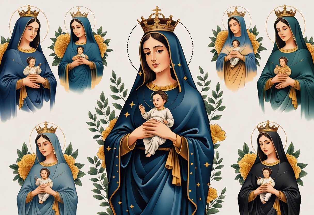 Nossa Senhora Aparecida Tatuagem: Inspirações e Significados Religiosos Várias representações artísticas de Nossa Senhora Aparecida em diferentes estilos de tatuagem, mostrando a santa com manto azul e coroa, segurando o menino Jesus.