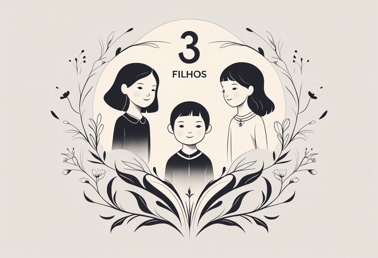Tatuagem 3 filhos ideias e inspirações para homenagear seus filhos Ilustração de um desenho de tatuagem com três figuras que representam filhos, cercadas por elementos florais e linhas suaves, mostrando conexão e harmonia.