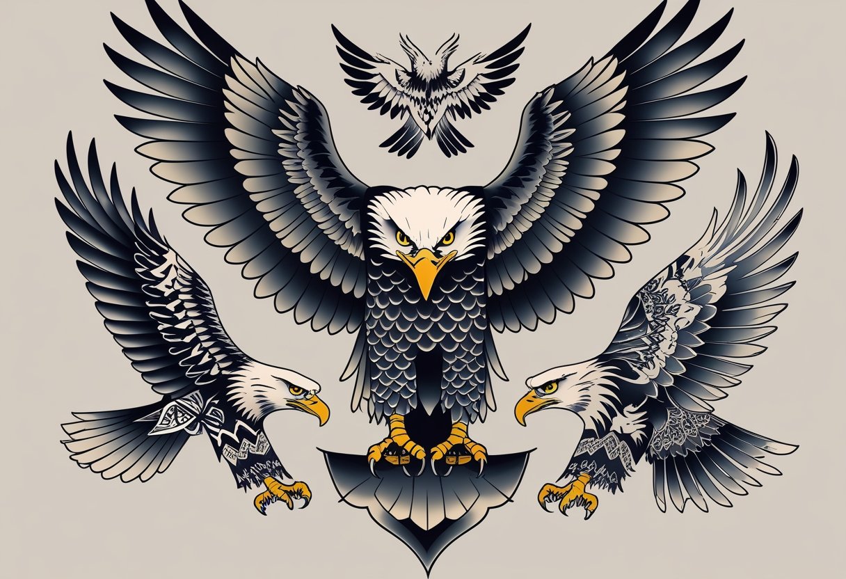 Ilustração mostrando diferentes estilos de tatuagens de águia inspiradas em várias culturas ao redor do mundo.