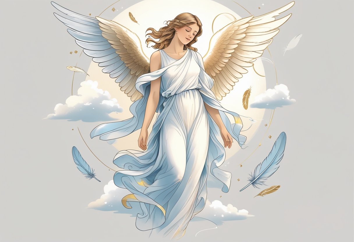 Ilustração de um anjo com asas abertas, em pose serena, rodeado por nuvens e penas delicadas.