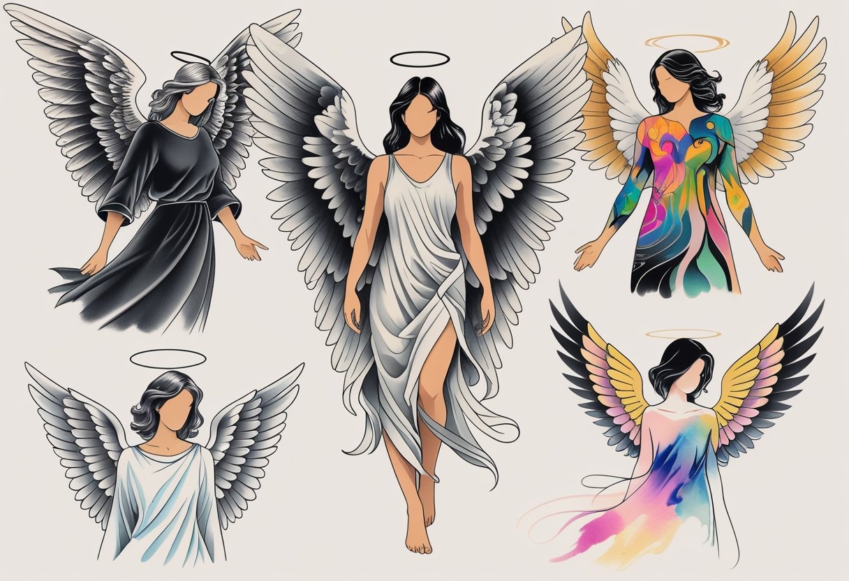 Várias tatuagens de anjo diferentes exibidas juntas, mostrando diferentes estilos e designs de anjos.