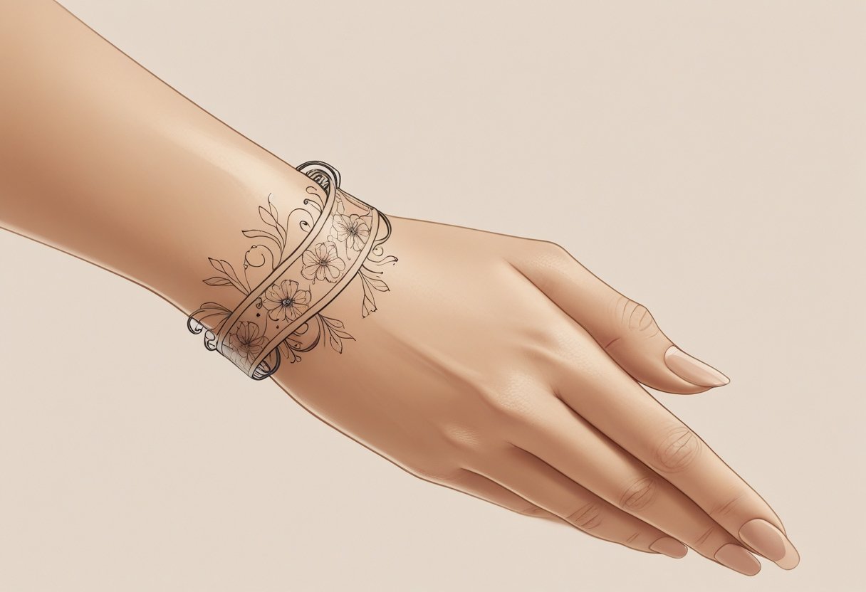 Tatuagem Bracelete Feminino: Inspirações e Dicas para Escolher o Seu Modelo Braço de mulher com uma tatuagem de bracelete delicada e detalhada envolvendo o pulso.