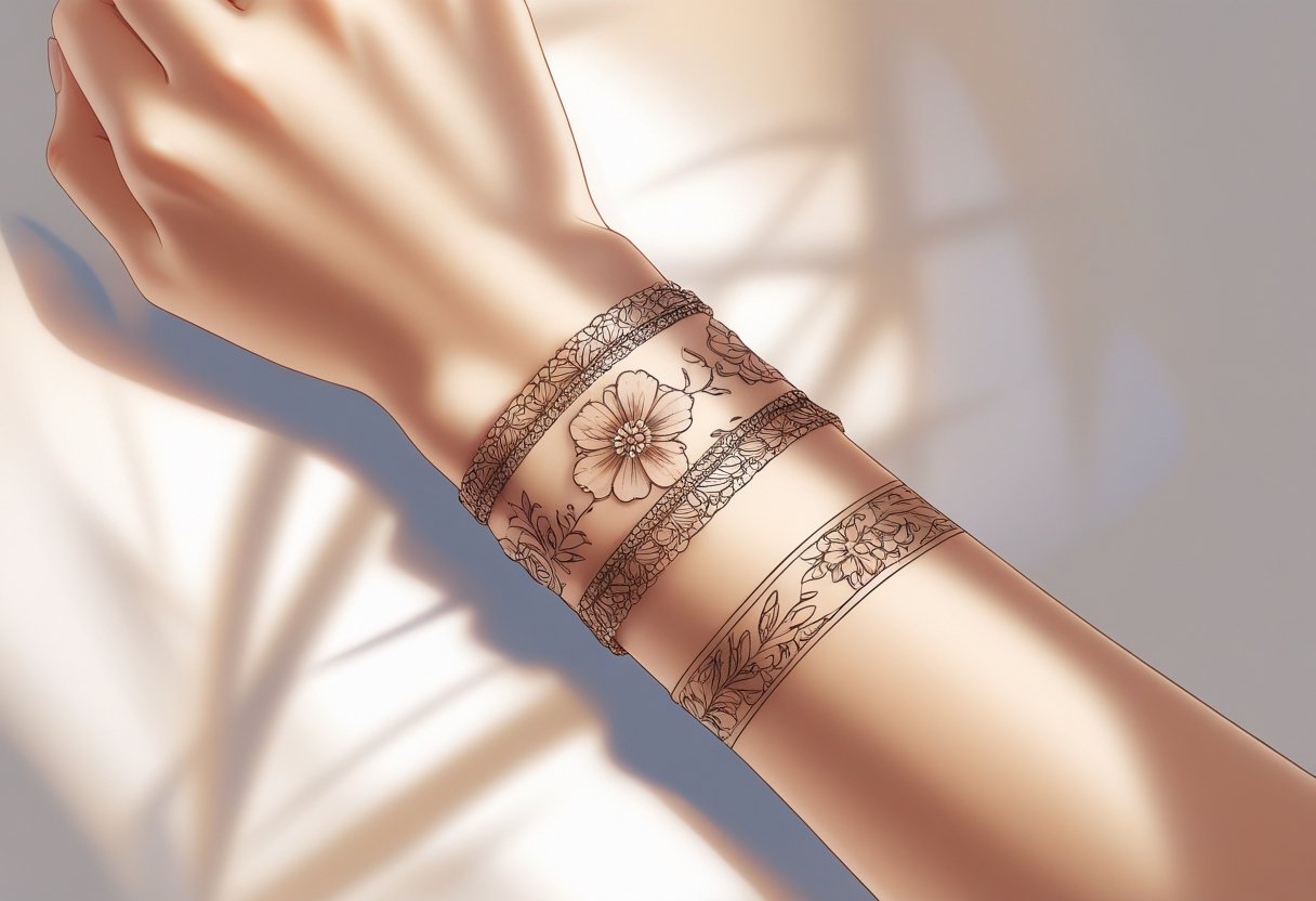 Tatuagem Bracelete Feminino: Inspirações e Dicas para Escolher o Seu Modelo Braço feminino com uma tatuagem em forma de bracelete ao redor do pulso.