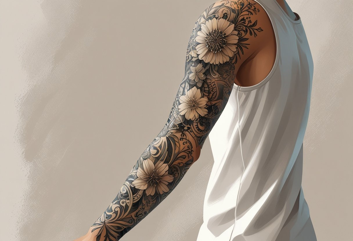 Tatuagem Braço Fechado: Inspirações e Dicas para um Visual Impactante Braço humano com tatuagem de braço fechado cobrindo todo o braço, mostrando vários desenhos detalhados e integrados.