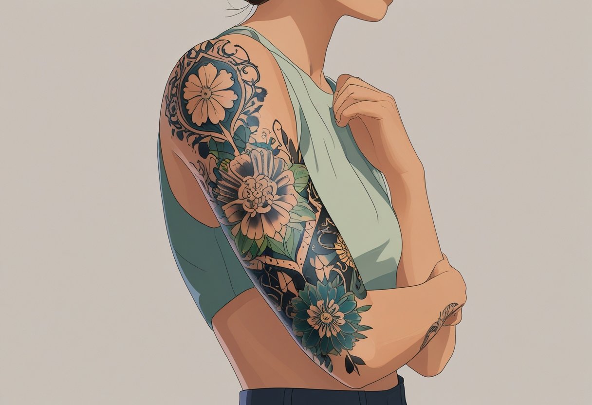Tatuagem Braço Fechado: Inspirações e Dicas para um Visual Impactante Braço humano com tatuagem completa cobrindo do ombro até o pulso, mostrando detalhes da arte da tatuagem.