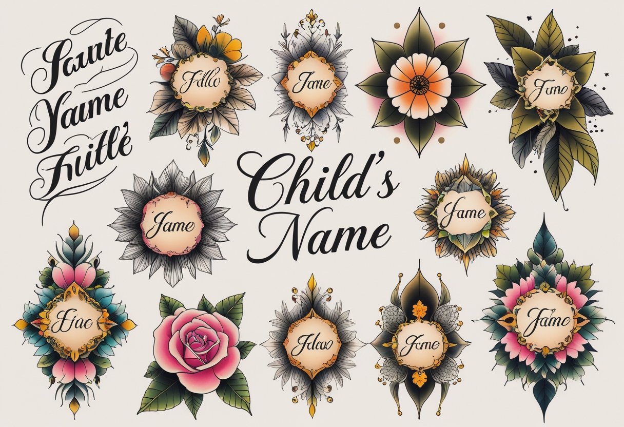 Tatuagem com nome de filho: ideias, significados e inspirações Ilustração mostrando várias tatuagens diferentes que incorporam nomes de filhos, com desenhos delicados e variados em um fundo neutro.