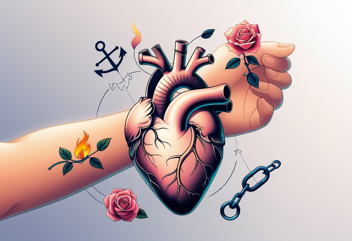 Ilustração de uma tatuagem de coração no antebraço com símbolos ao redor que representam paixão, estabilidade, amor e liberdade.