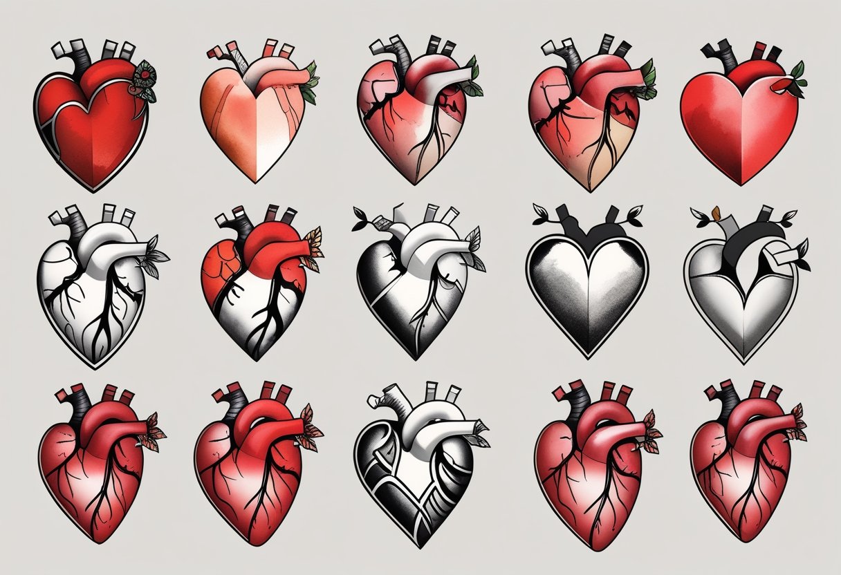 Ilustração mostrando diferentes estilos de tatuagem de coração em um fundo neutro.