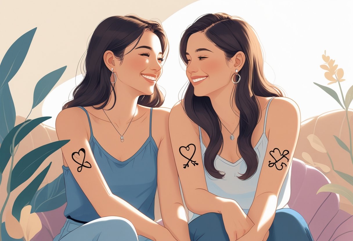 Duas amigas sentadas lado a lado, mostrando tatuagens pequenas e iguais nos pulsos, sorrindo uma para a outra.