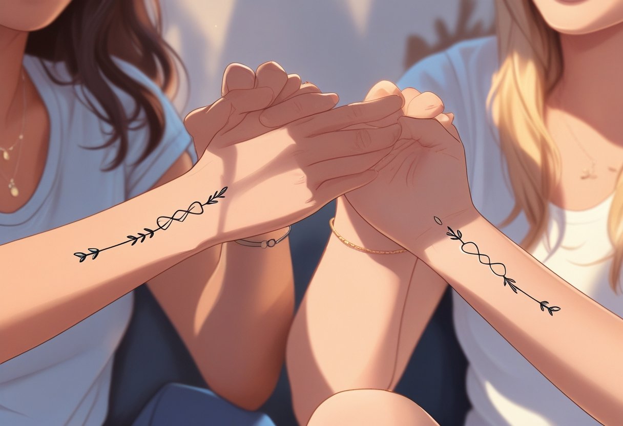 Duas amigas mostrando suas tatuagens de amizade combinando nos pulsos, com as mãos próximas e expressando conexão e carinho.