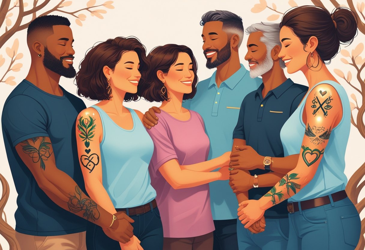 Tatuagem família: ideias e inspirações para homenagear seus entes queridos Uma família diversa reunida, mostrando tatuagens que simbolizam laços familiares, com expressões de amor e união.